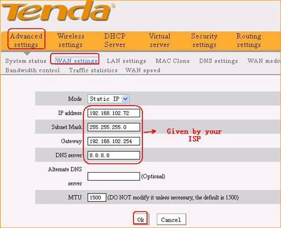 How to setup the router for Static IP internet connection mode-Tenda